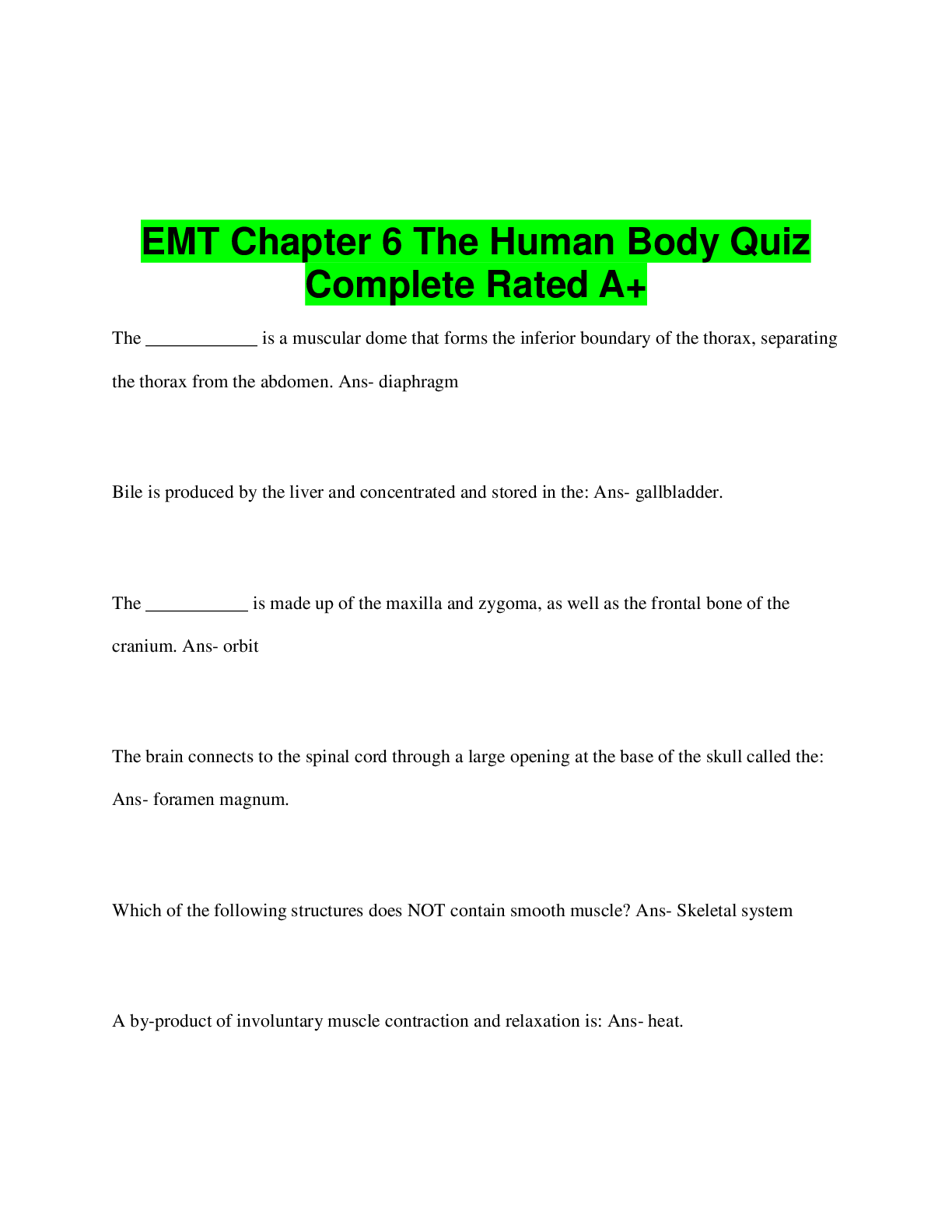Preview image for EMT Chapter 6 The Human Body Quiz Complete Rated A+